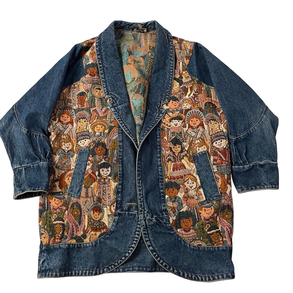 Vintage Nadia Denim‎ Jacket Woven Tapestry Panels Global Kids Print Womens Large